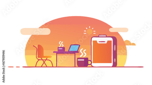 Illustration of remote work setup with laptop, tablet, coffee, and chair for digital nomad lifestyle