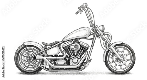 Detailed sketch of a custom motorcycle with high handlebars and meticulous details