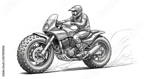 Detailed sketch of a motorcyclist riding an off-road adventure motorbike