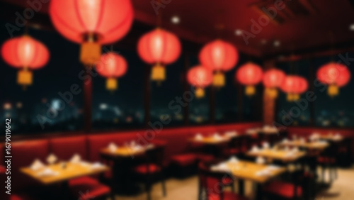 Wallpaper Mural Blurry photo of the interior of a Chinese restaurant at night with typical Chinese lamps hanging from the restaurant roof, blurry wallpaper. Torontodigital.ca