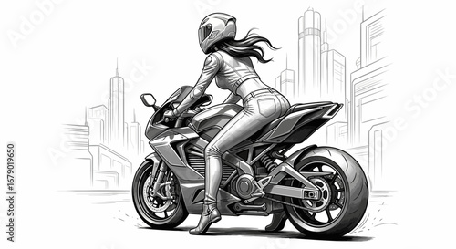 Dramatic vector illustration of a female motorcyclist in urban setting