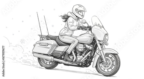 Drawn Illustration of a Motorcyclist Riding a Touring Bike in Winter