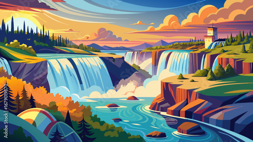 The Niagara Falls on the Canada–USA border thunder dramatically into deep gorges, a breathtaking natural wonder framed by mist, rainbows, and scenic landscapes admired worldwide.