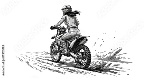 Dynamic grayscale sketch of a female rider conquering rugged motocross terrain