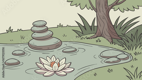 Zen garden illustration with stacked stones, water lily, and pond for meditation and relaxation