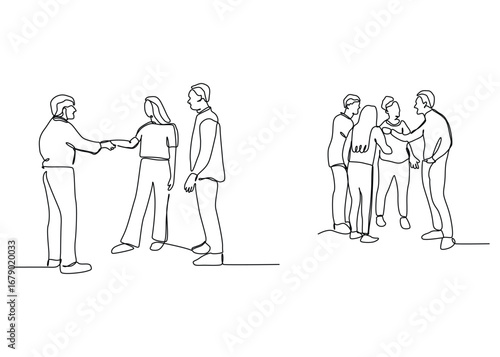 continuous one line art of a group of friends talking party conference.