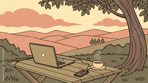 Remote work setup illustration: laptop, coffee, and phone on a picnic table with scenic view 95