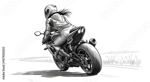 Dynamic ink illustration of a woman riding sportbike on open road journey