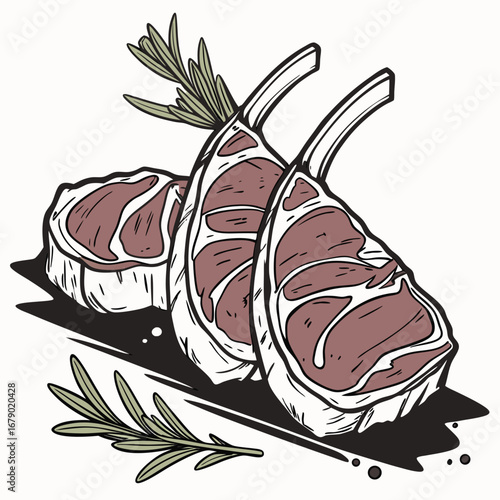 Delicious raw lamb chops seasoned with fresh rosemary and peppercorns, ready for gourmet preparation and culinary art.