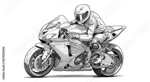 Dynamic monochrome sketch of a motorcyclist on a sports bike artwork
