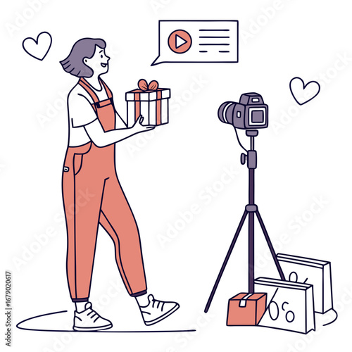 Engaging influencer unboxing gift with camera ready for social media content creation, capturing audience excitement