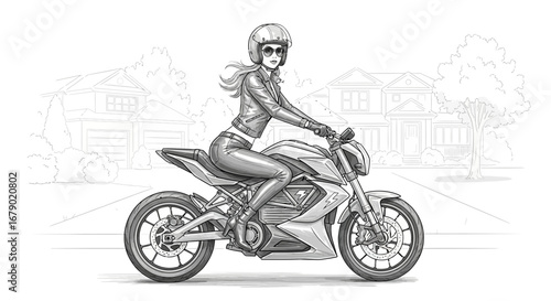 Electric motorcycle rider cruising through a neighborhood street art