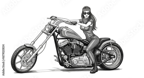 Enigmatic rider on a sleek chopper, a fusion of rebellious allure and metal beast
