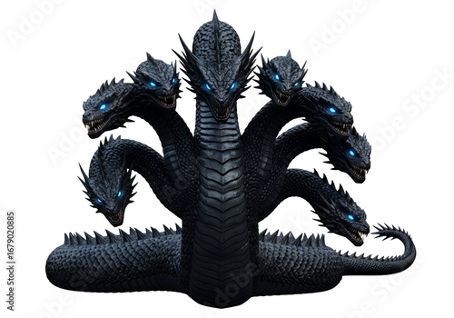 A dark, formidable multi-headed serpent, with glowing blue eyes, dominates the black background.