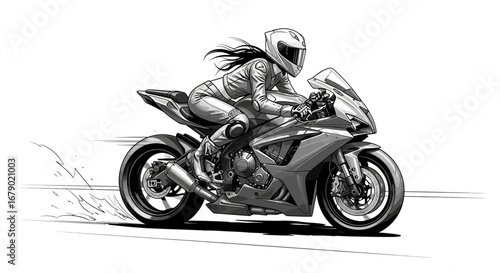 Female Biker Speeding on a Modern Sportbike in a Dynamic Monochrome Illustration