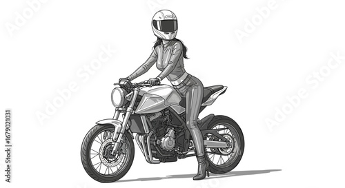 Fashionable woman, helmet and motorcycle, stylized grayscale illustration