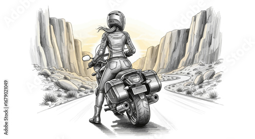 Female motorcyclist on a scenic road trip, pursuing adventure in the sun