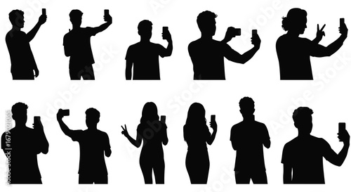 Silhouettes of people using smartphones in various poses and gestures
