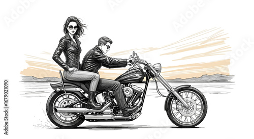 Free-spirited couple ride a motorcycle into the horizon, vector illustration