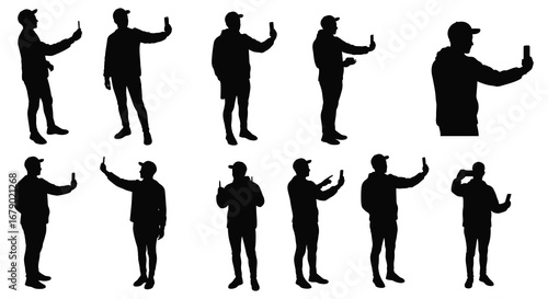 Silhouettes of people in various poses and gestures on white background