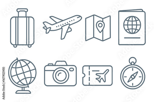 Travel essentials icons: luggage, airplane, passport, map, globe, camera, ticket, compass