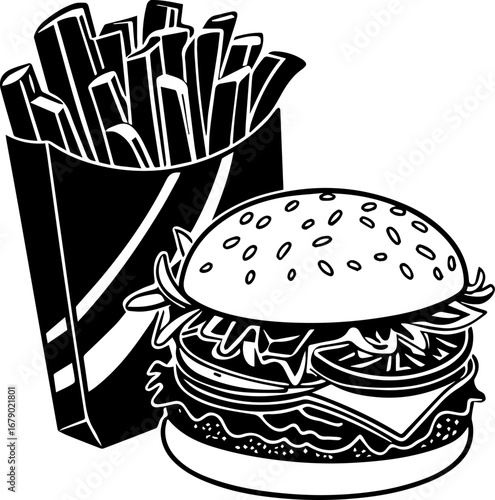 Hamburger and French Fries - Black and White Retro Illustration