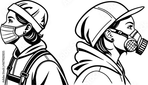 People Wearing Face Masks - Black and White Illustration