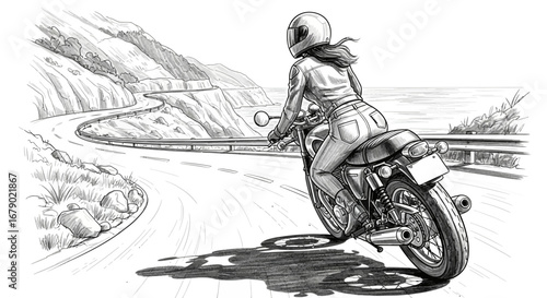 Illustration of a woman riding a motorcycle along a scenic coastal road