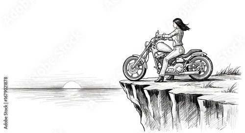 Illustration of a woman riding a motorcycle on a cliff overlooking the ocean
