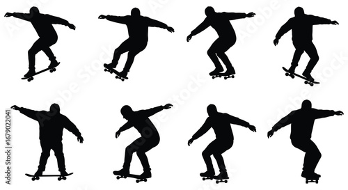 Silhouettes of skateboarders performing various tricks and poses