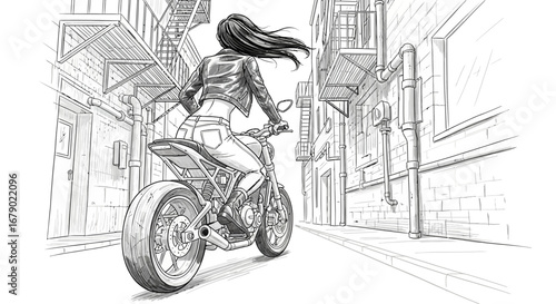 Illustration of a woman riding a motorcycle in an urban street alleyway