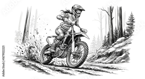 Illustrative motocross rider tackling a rugged forest path with determination