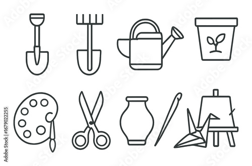 Gardening and crafting tools icons on metallic background