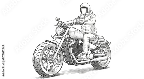 Illustrative portrayal of a biker riding a modern motorcycle on the road