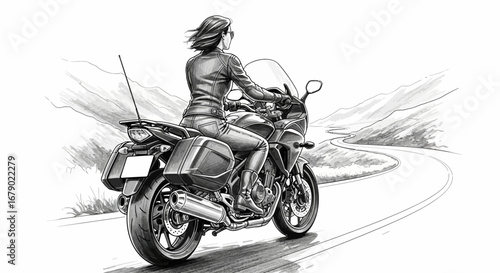 Illustrative motorcycle adventure with a solo rider navigating scenic route
