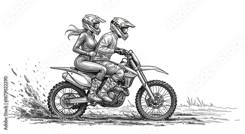 Illustrative couple riding motorcycle through a muddy terrain adventure scene