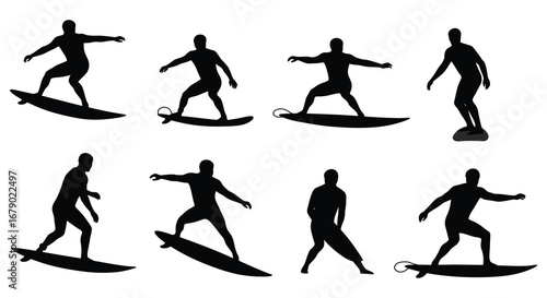 Silhouette of a man surfing in various poses on a surfboard
