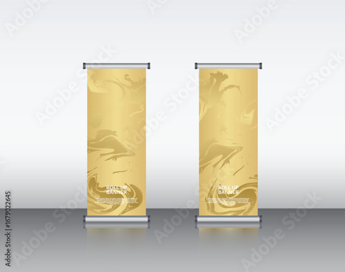 roll up banner edit file Luxury Golden Liquid Rollup – Elegant Minimalist Glass Container with Shimmering Metallic Form