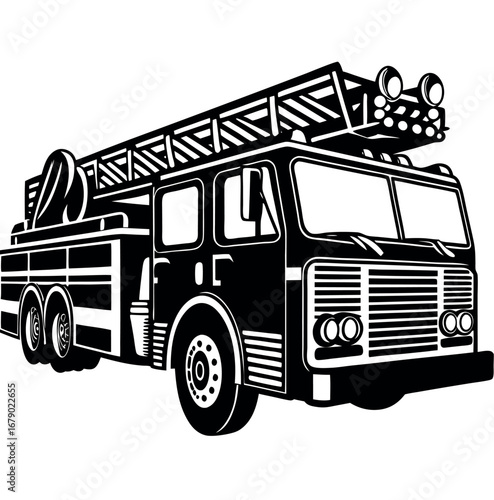 Modern flat design fire truck illustration with red and white details