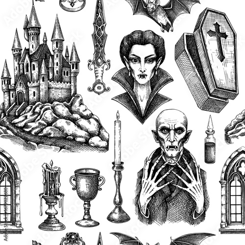 Vampire background. Halloween hand drawn vector illustration. Gothic seamless pattern. NOT AI generated