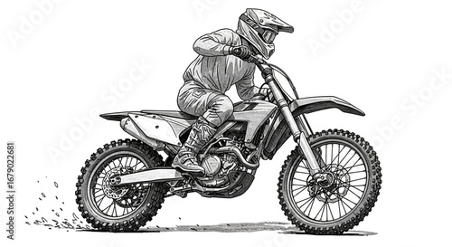 Line Art Illustration of Motocross Rider on Dirt Bike Mid-Action Stance
