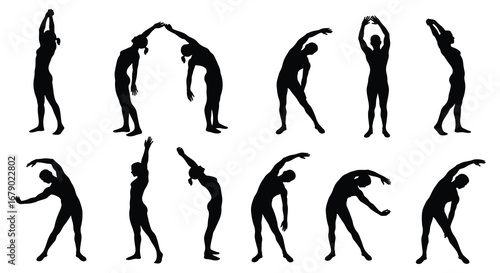 Various yoga poses in black silhouette on white background
