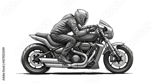 Monochromatic Illustration of a Motorcyclist on a Detailed Sportbike