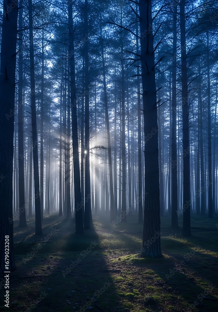 Obraz premium Mystical Blue Forest Path at Dawn, Sunlight Beams Through Trees.