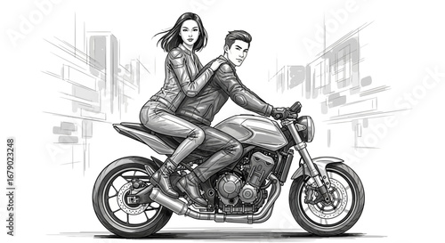 Monochromatic line art of a couple riding a motorcycle in the city