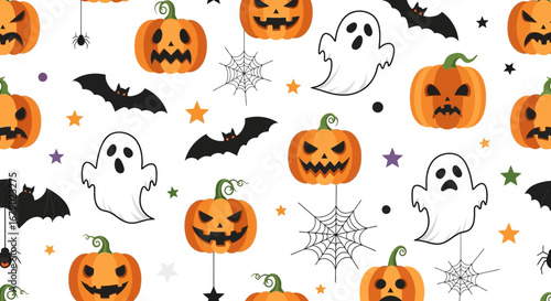 Halloween Vector Background Seamless Pattern with Pumpkins, Ghosts, and Bats