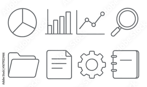 Monochrome business icons: charts, documents, gears, and folders on metallic background