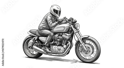 Monochrome depiction of a motorcycle rider on a vintage machine in detail