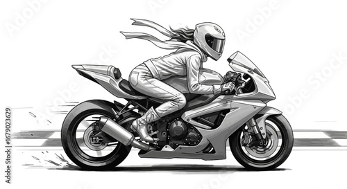 Monochrome illustration displaying a motorcyclist riding a sportbike swiftly