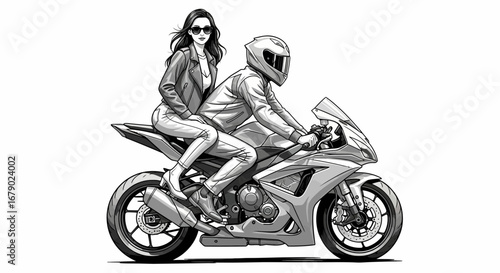 Monochrome illustration of a sport motorcycle with a couple riding on it